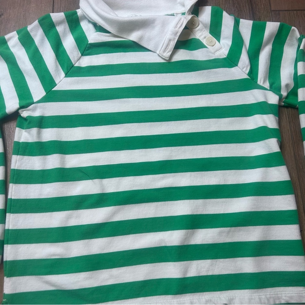 J Crew Women’s Wide Striped Top Green Funnel Neck Lightweight Sweatshirt Size S - Picture 2 of 8